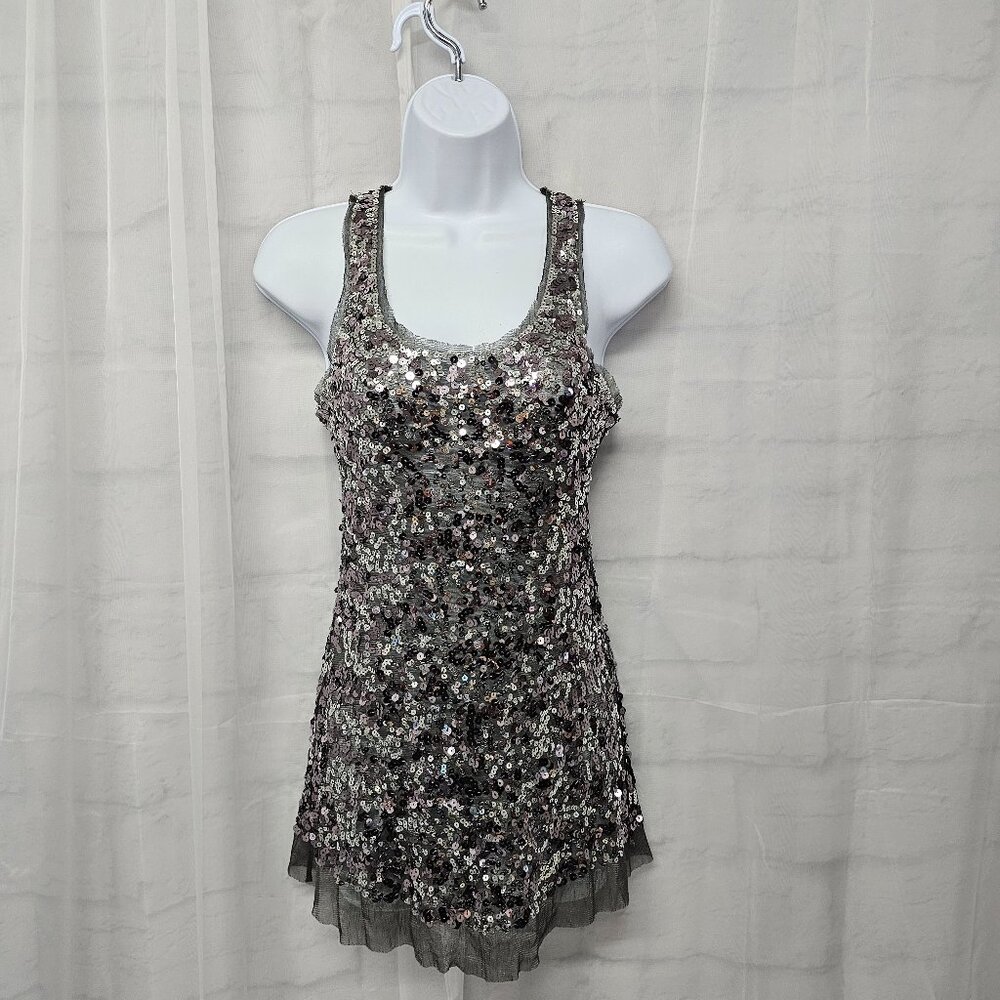 Lipstick Y2K Tank Gray Silver Sequin Mesh Bling Glam Fairy Retro M